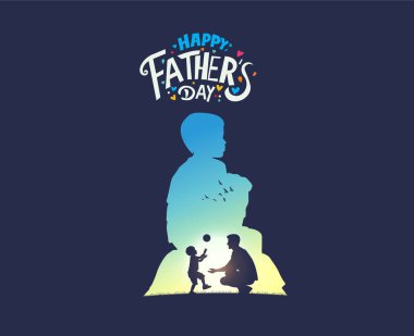 Babalar Günü konsept vektör geçmişiniz kutlu olsun. Babalar günün kutlu olsun mesajı atan baba ve çocuk..