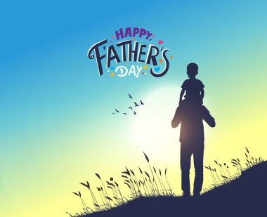 Babalar Günü konsept vektör geçmişiniz kutlu olsun. Babalar günün kutlu olsun mesajı atan baba ve çocuk..