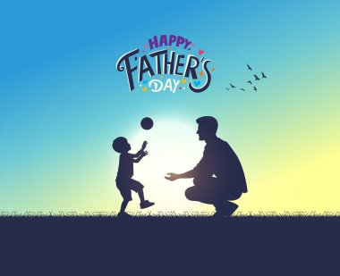 Babalar Günü konsept vektör geçmişiniz kutlu olsun. Babalar günün kutlu olsun mesajı atan baba ve çocuk..