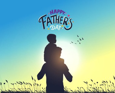 Babalar Günü konsept vektör geçmişiniz kutlu olsun. Babalar günün kutlu olsun mesajı atan baba ve çocuk..