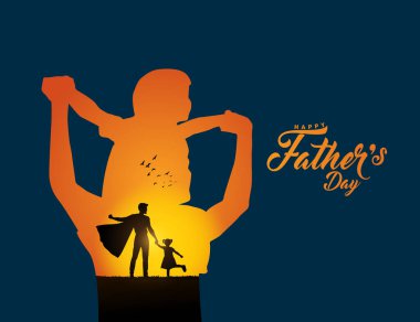 Babalar Günü konsept vektör geçmişiniz kutlu olsun. Babası çocuğu eve bırakıyormuş. Babalar günün kutlu olsun mesajı atan baba ve çocuk..