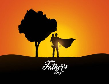 Babalar Günü konsept vektör geçmişiniz kutlu olsun. Babası çocuğu eve bırakıyormuş. Babalar günün kutlu olsun mesajı atan baba ve çocuk..