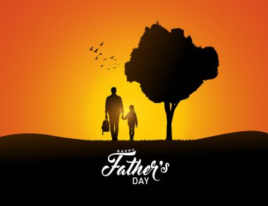Babalar Günü konsept vektör geçmişiniz kutlu olsun. Baba oğlunu eve bırakıyor. Babalar günün kutlu olsun mesajıyla baba oğul.