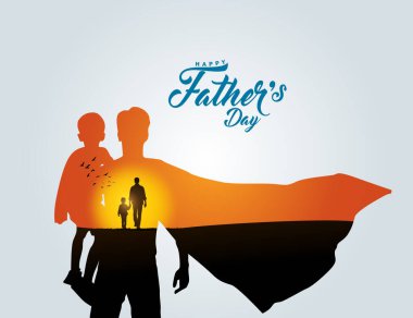 Babalar Günü konsept vektör geçmişiniz kutlu olsun. Baba oğlunu eve bırakıyor. Babalar günün kutlu olsun mesajıyla baba oğul.