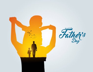 Babalar Günü konsept vektör geçmişiniz kutlu olsun. Baba oğlunu eve bırakıyor. Babalar günün kutlu olsun mesajıyla baba oğul.