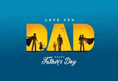 Babalar Günü konsept vektör geçmişiniz kutlu olsun. Baba oğlunu eve bırakıyor. Babalar günün kutlu olsun mesajıyla baba oğul.