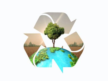 Ekosistem Restorasyonu, çevre günü konsepti 3 boyutlu ağaç arka planı. Kağıt torba ve yeşil ormanlı geri dönüşüm simgesi afişi. Çevre dostu geri dönüşüm sembolü, Ekoloji projesi kavramı.
