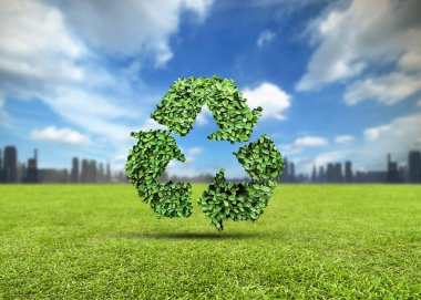 Ekosistem Restorasyonu, çevre günü konsepti 3 boyutlu ağaç arka planı. Yeşil ormanlı simge afişini geri dönüştür. Çevre dostu geri dönüşüm sembolü, Ekoloji projesi kavramı.