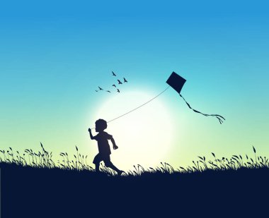 Çocuk Uçurtma Vektörü İllüstrasyonuyla Oynuyor.