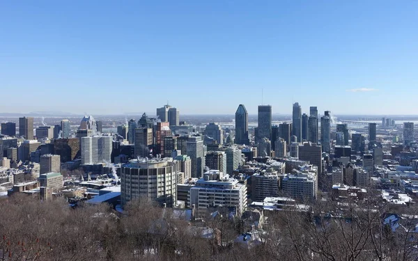 2019年1月17日 在加拿大蒙特利尔市 蒙特利尔山高处的蓝天映衬下 可以看到蒙特利尔市的风景 — 图库照片