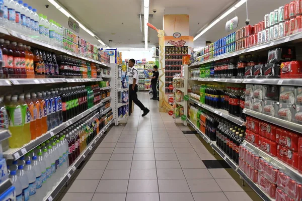 Soft Drinks Aisle Seen Cold Storage Supermarket June 2015 Kuala — Stock Photo, Image