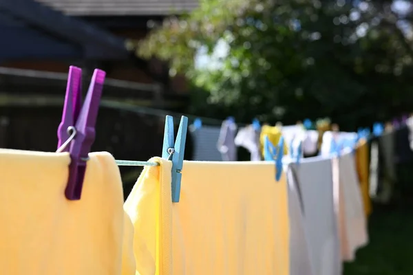 Close View Clean Clothes Hanging Out Dry Washing Line House — Stock Photo, Image
