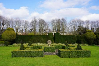 Güzel bir İngiliz stili bahçe manzarası, yemyeşil çimenler, renkli çiçekler. 