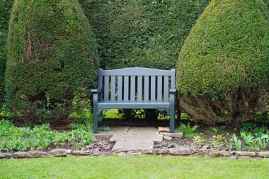 Çiçeklerle dolu güzel bir İngiliz tarzı bahçe ve yemyeşil bir çimenlik çimenlik alanda ağaç çitlerinin arasına kurulmuş ahşap bir bank manzarası.