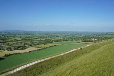 Yeşil tarım arazilerinin manzarası ve yukarıdaki açık mavi gökyüzü yüksek görüş açısına sahip Wiltshire İngiltere 'deki Salisbury Ovası.