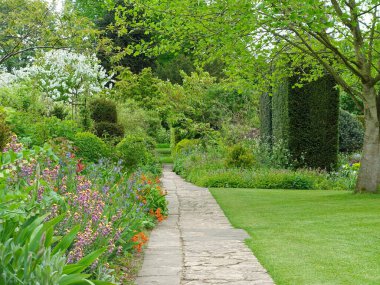 Çekici bir İngiliz stili bahçesinde yeşil yapraklı ve çiçek açan bir taşın manzaralı yaz manzarası.