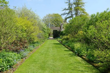 Çekici bir İngiliz tarzının manzarası. Geniş bir bahçe. Taze çimenleri biçilmiş.