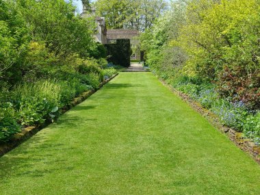 Çekici bir İngiliz tarzının manzarası. Geniş bir bahçe. Taze çimenleri biçilmiş.