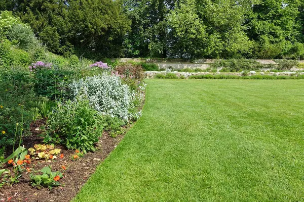신선한 잔디와 매력적인 스타일의 정원의 스톡 사진