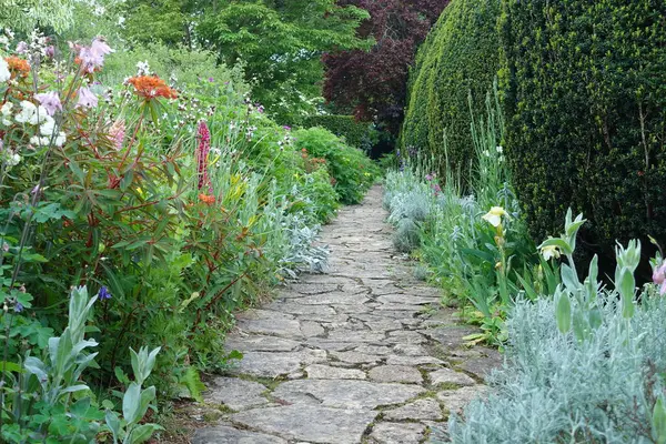 Scenic Summertime View Stone Paved Path Attractive English Style Garden — Stock Photo, Image