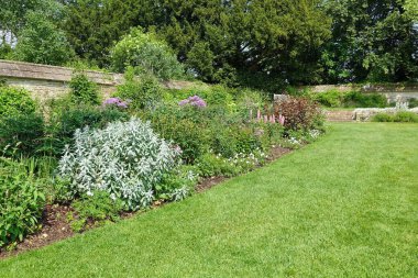 Çekici bir İngiliz tarzının manzarası. Geniş bir bahçe. Taze çimenleri biçilmiş.