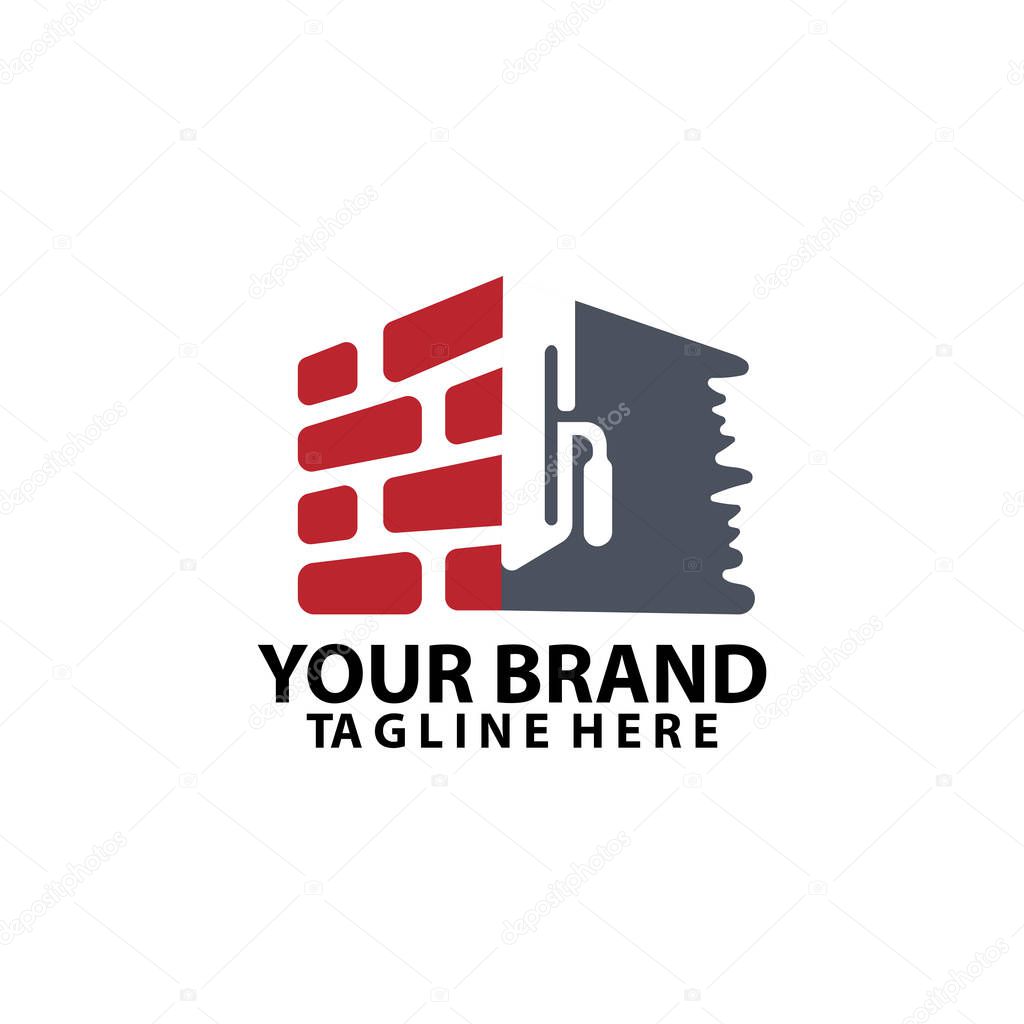 Home plastering logo design vector. Exterior and interior house work logo construction with Brick and trowel icon