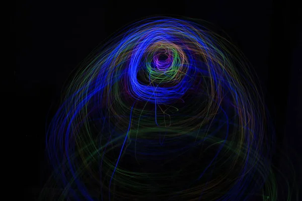 Light Painting Abstract Colorful Irregular Lines Patterns Black Background Long — Stock Photo, Image