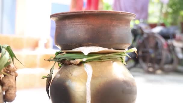 用罐子 柴火炉 水果和甘蔗向太阳神庆祝泰国的传统节日 — 图库视频影像