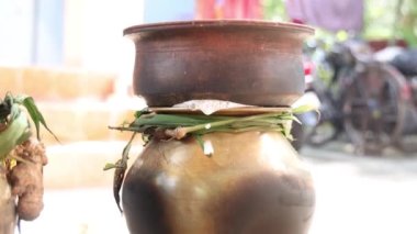 celebrating Traditional Thai Pongal festival to sun god with pot, lamp,wood fire stove, fruits and sugarcane. Making Sakkarai or sugar pongal and ven pongal in sand stove in traditional method.
