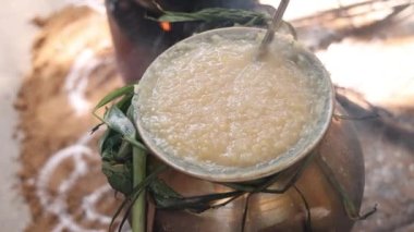 Geleneksel Tayland Pongal Festivali 'ni esrar, lamba, odun sobası, meyve ve şeker kamışlarıyla kutluyoruz. Geleneksel yöntemle kumda Sakkarai veya şeker pongal ve ven pongal yapmak.