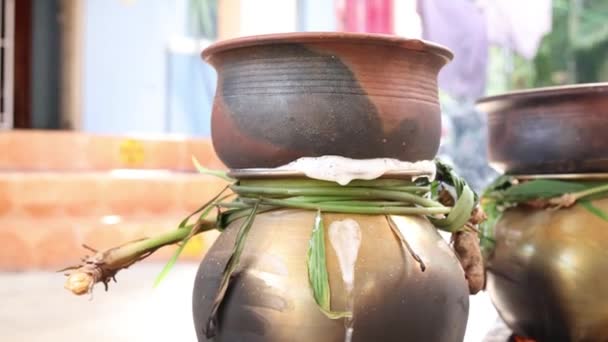 Celebrating Traditional Thai Pongal Festival Sun God Pot Lamp Wood — Stock video