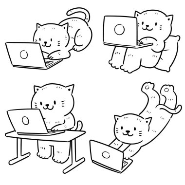 dizüstü bilgisayar kullanan kedi vektör kümesi