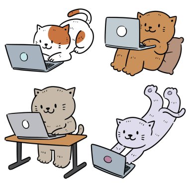 dizüstü bilgisayar kullanan kedi vektör kümesi