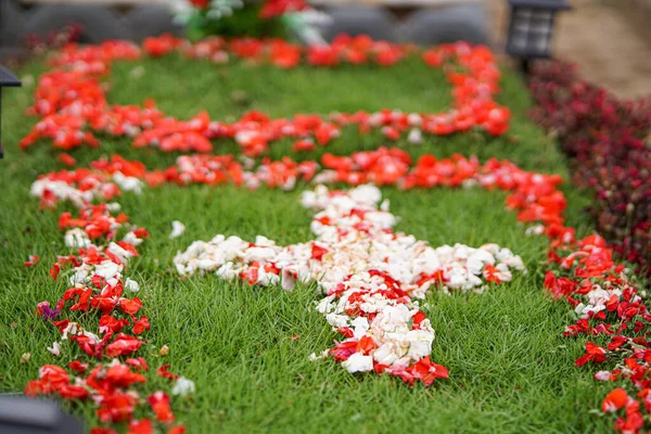 Red and white flowers are sown on tombs in cemeteries with a cross shape on top of green grass. Visiting families can bring their own flowers, or buy them sold by the small sellers on the roadside to the location, to be sown on top of the tomb.