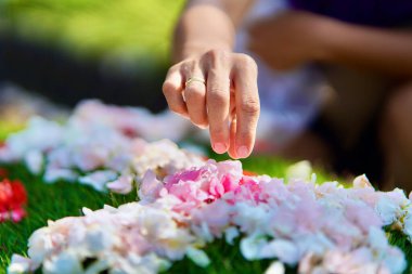 Yeşil çimlerin üzerine beyaz-pembe çiçekler eken bir insan. Kadının eli yüzük takıyor, Endonezya 'nın Asya Cava teni renginde..