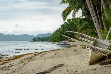 This photo captures the essence of the Philippines, with a traditional wooden boat bobbing on crystal-clear turquoise waters, surrounded by lush green tropical foliage. 