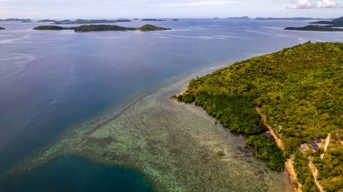 Fotoğraf, berrak suları ve kıyıya vuran hafif dalgalarla sakin bir sahilin nefes kesici görüntüsünü yakalıyor. Sonsuz altın kum taneleri güneş şemsiyeleri, plaj sandalyeleri ve palmiye ağaçları ile kaplıdır.. 