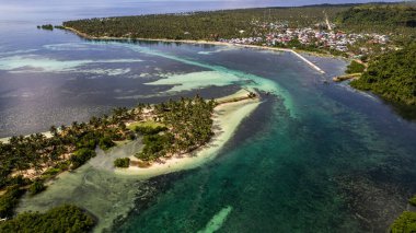 Fotoğraf, berrak suları ve kıyıya vuran hafif dalgalarla sakin bir sahilin nefes kesici görüntüsünü yakalıyor. Sonsuz altın kum taneleri güneş şemsiyeleri, plaj sandalyeleri ve palmiye ağaçları ile kaplıdır.. 