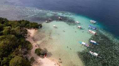 Fotoğrafta, sazdan çatılı canlı bir tropikal tekne güzel bir sahil ya da kayalık bir kıyıya demirli. Kristal berraklığında turkuaz su güneş ışığında parlar ve arka planda palmiye ağaçları yavaşça sallanır. Sahne mükemmel bir temsilci.