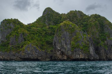 Bu fotoğraf Filipinler 'in şaşırtıcı derecede engebeli kıyı şeridini gösteriyor. Bir dizi kayalık çıkıntılar, dalgalar tarafından pürüzsüz aşınmış, ufukta uzanan, turkuaz deniz çevrelerinde dönerken.