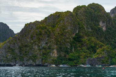 Bu fotoğraf Filipin kıyılarının engebeli güzelliğini yansıtıyor. Ön planda yıpranmış kayalar turkuaz denizden fışkırırken, arka planda el değmemiş beyaz bir kumsal kıyı boyunca kıvrılır..