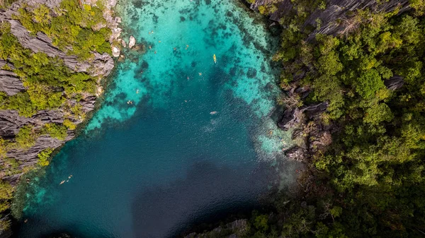 stock image This photo captures the ethereal beauty of a Philippines lagoon. The water is a perfect shade of turquoise, framed by a rocky cliff and a verdant jungle. The calm surface is broken only by the occasional kayak or paddleboard, as visitors take in the 