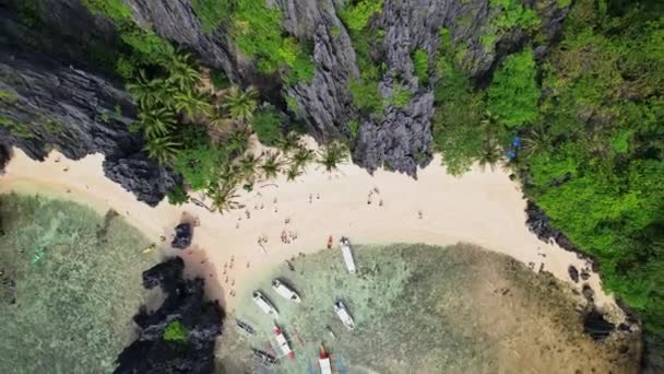 フィリピンのビーチのドローン映像は この熱帯の楽園の魅惑的な美しさを捉えています 透き通ったターコイズブルーの海から自然のままの白い砂浜へ — ストック動画