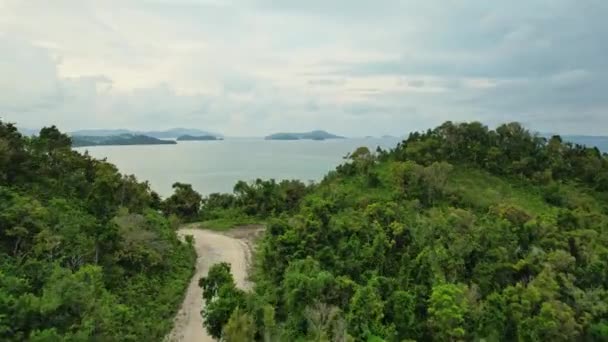 无人机镜头从肮脏的路上直向上看丛林和前面的景象 颜色是男人特有的绿色 白色和蓝色 — 图库视频影像