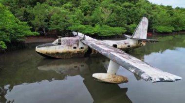 Filipinler 'de yarı batmış bir uçağın insansız hava aracı görüntüleri. Yakınındaki uçağın üzerinden uç. Yakınlık hissi. Renkler genelde yeşil ve gridir..