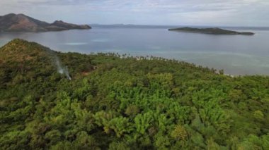Filipinler 'de Coron' daki koltuğun yanındaki ormanın insansız hava aracı görüntüleri. Daha sonra suları ve suyun altındaki tarifi görmek için ormanın geniş bir manzarasını görüyoruz..