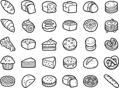 Pasta ve fırın el yapımı karalama sanat çizimleri ve çikolatalı kurabiye, ekmek, pizza ve kruvasan gibi öğeler..