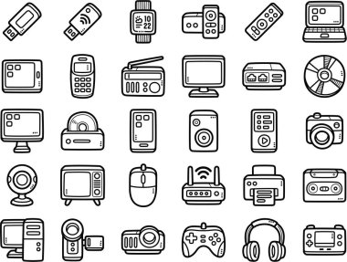 Elektronik cihazlar, resim makinesi, cep telefonu, yazıcı ve video kamera gibi el yapımı karalama sanat çizimleri ve elementler.