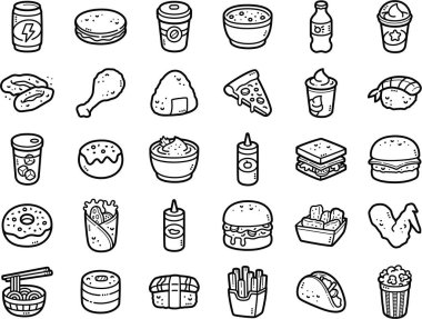 Fast food el yapımı karalama sanat çizimleri ve hamburger, patates kızartması, pizza ve çörek gibi elementler..