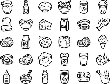 Yiyecek ve içecekler el yapımı karalama sanat çizimleri ve elementler - örneğin sıcak kahve, sıcak kahve, buğulanmış pirinç ve şişe su.